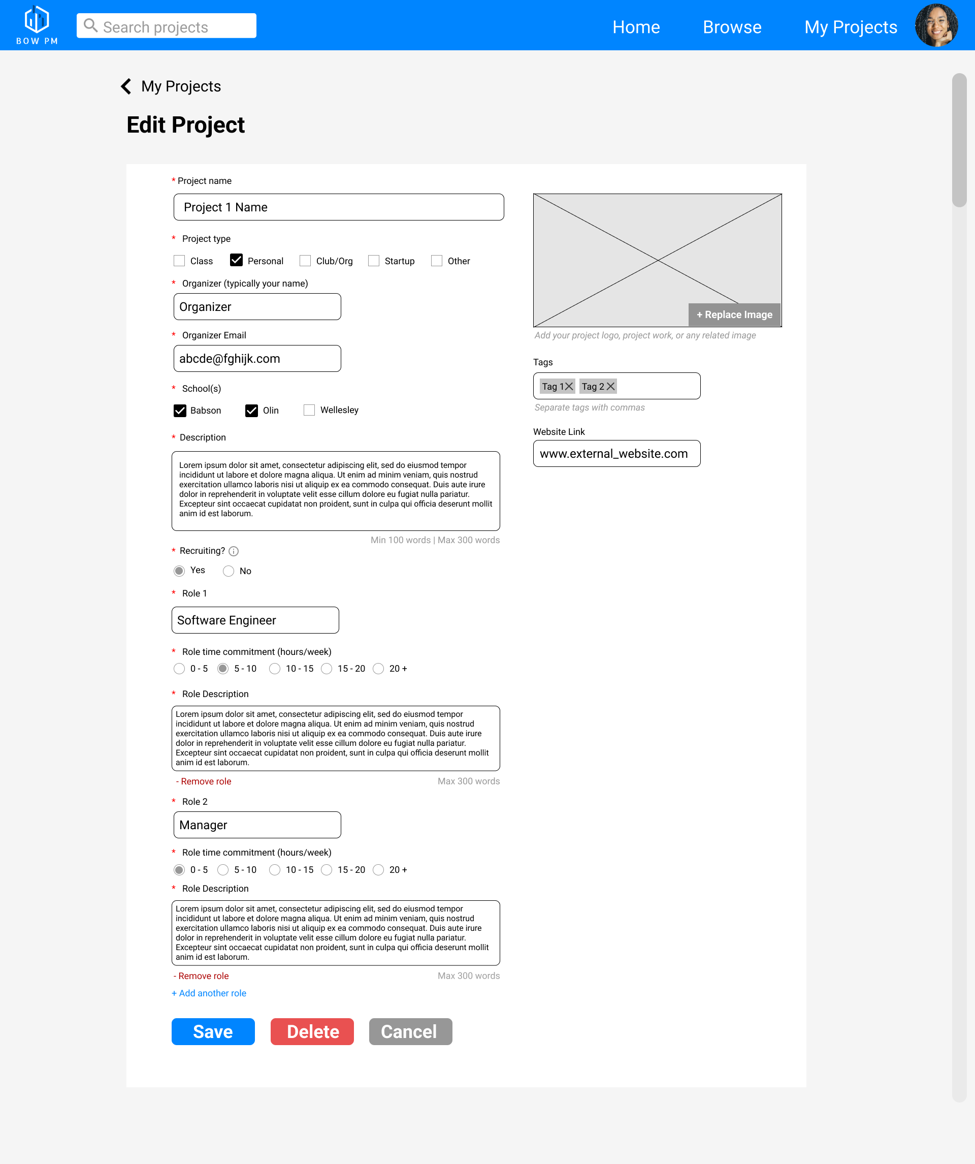 Figma prototype of the old design of the create project page